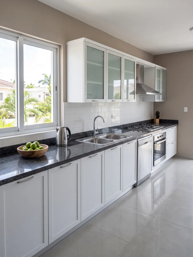 Cocina con gabinetes altos y bajos de aluminio blanco y encimera de granito