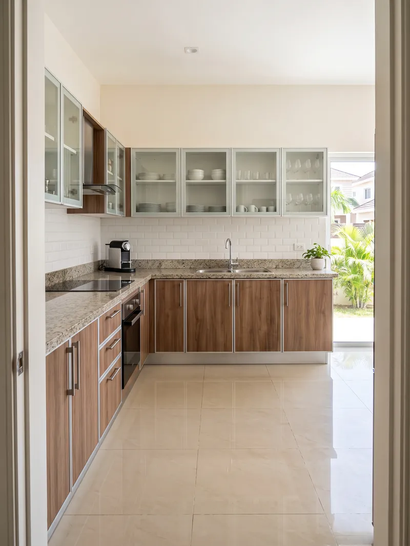 Cocina en L con gabinetes de aluminio acabado imitación madera