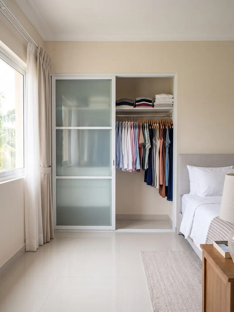 Closet empotrado con puertas corredizas de vidrio esmerilado y marco de aluminio