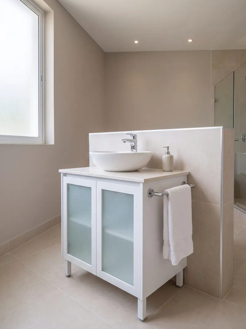 Mueble bajo lavamanos de aluminio blanco con puertas de vidrio esmerilado