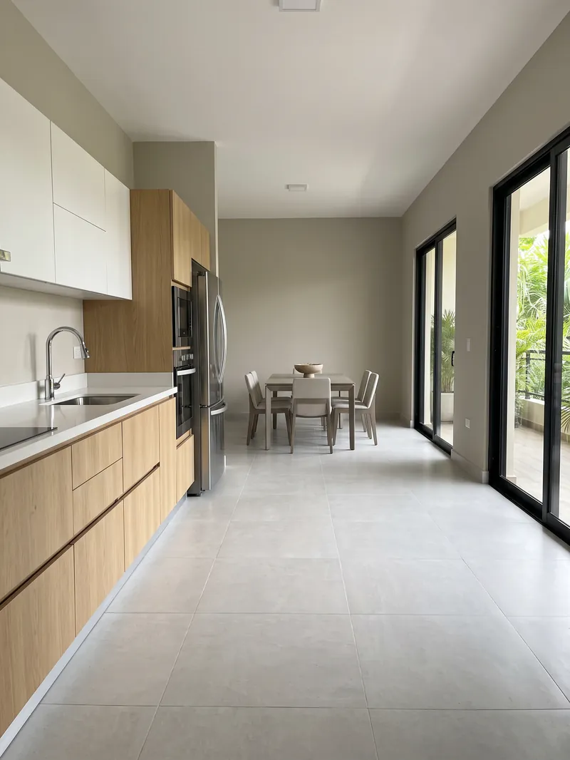 Cocina en línea con gabinetes altos blancos y bajos en imitación madera