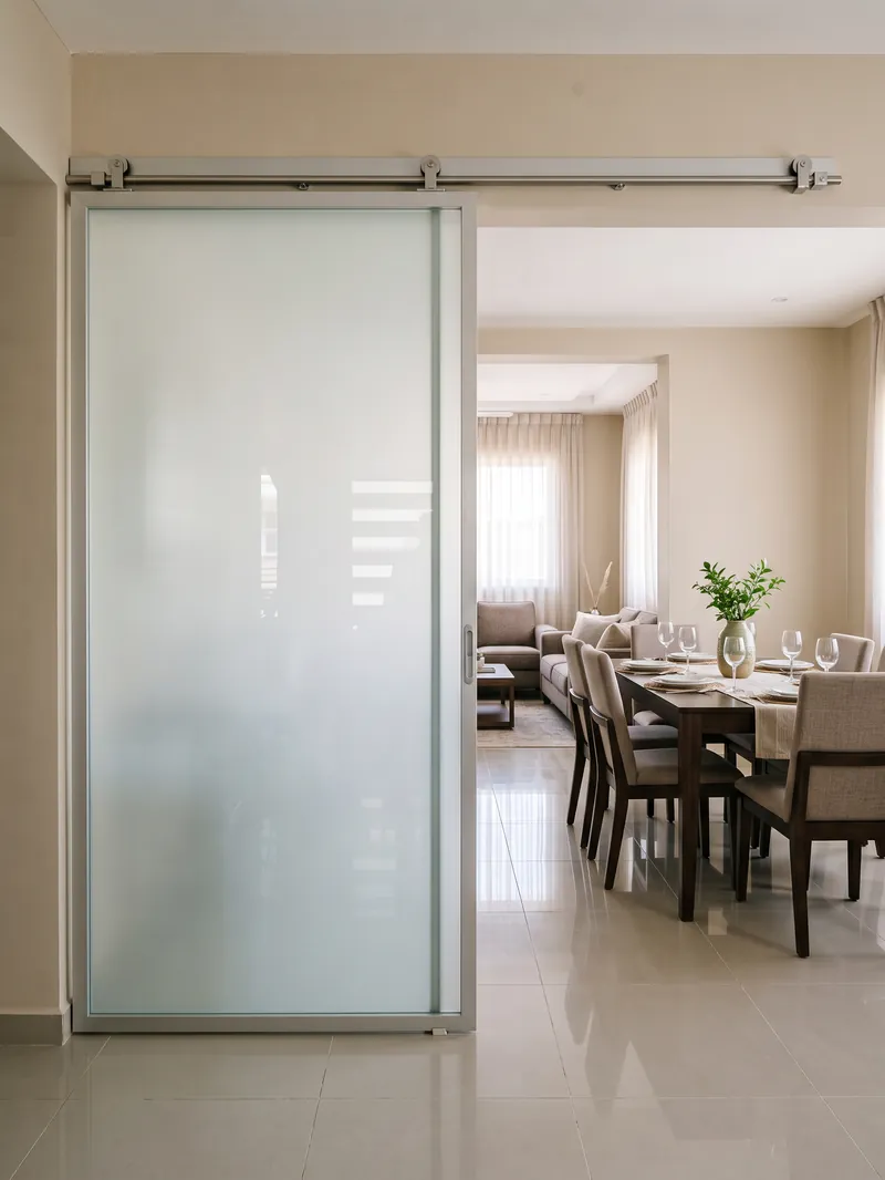 Puerta corrediza de vidrio esmerilado dividiendo dos ambientes de una casa
