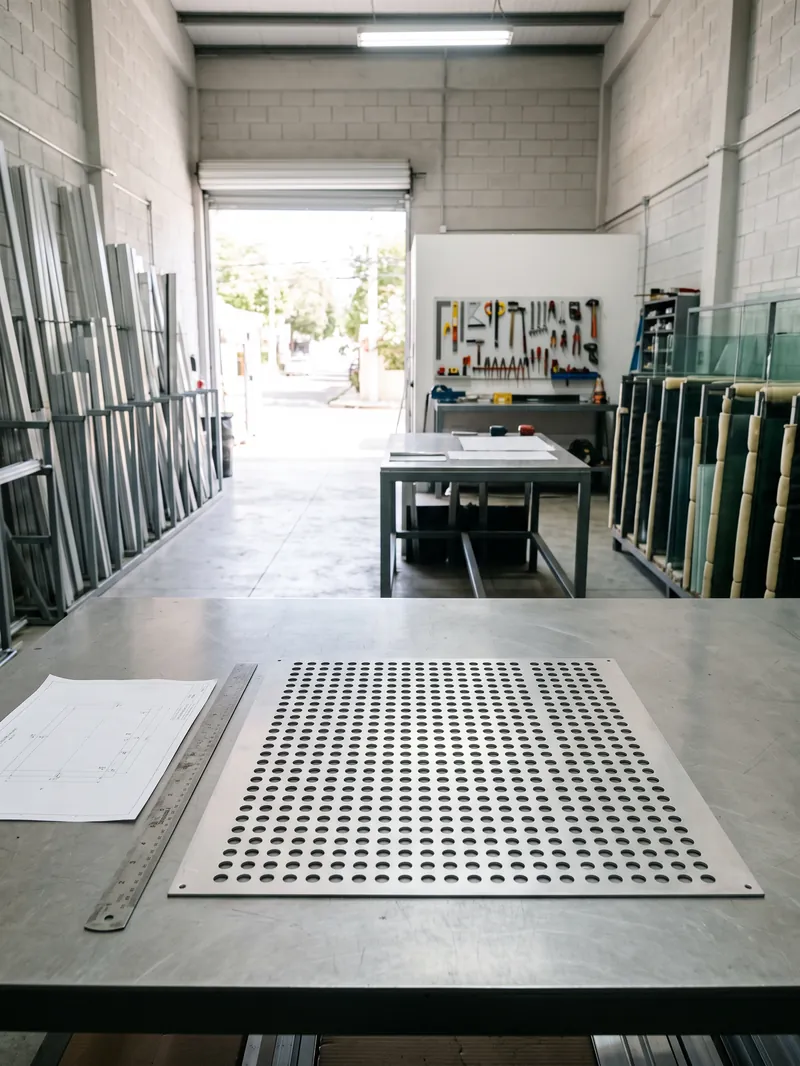 Lámina de aluminio con perforaciones troqueladas en el taller