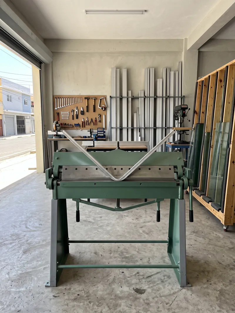 Dobladora del taller con una lámina de aluminio en pleno doblez