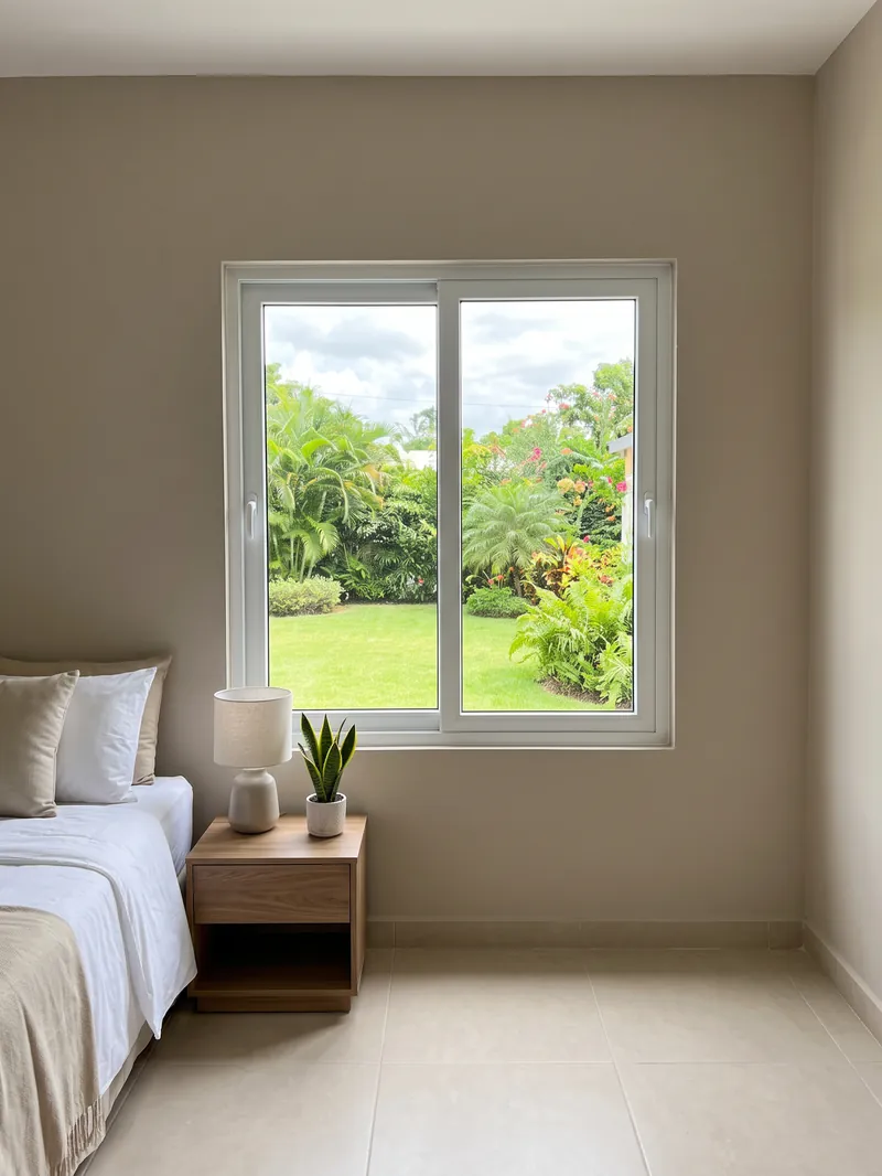 Ventana corrediza de dos hojas en aluminio blanco instalada en una habitación