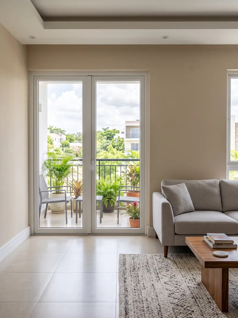 Ventana francesa de aluminio blanco abierta hacia un balcón